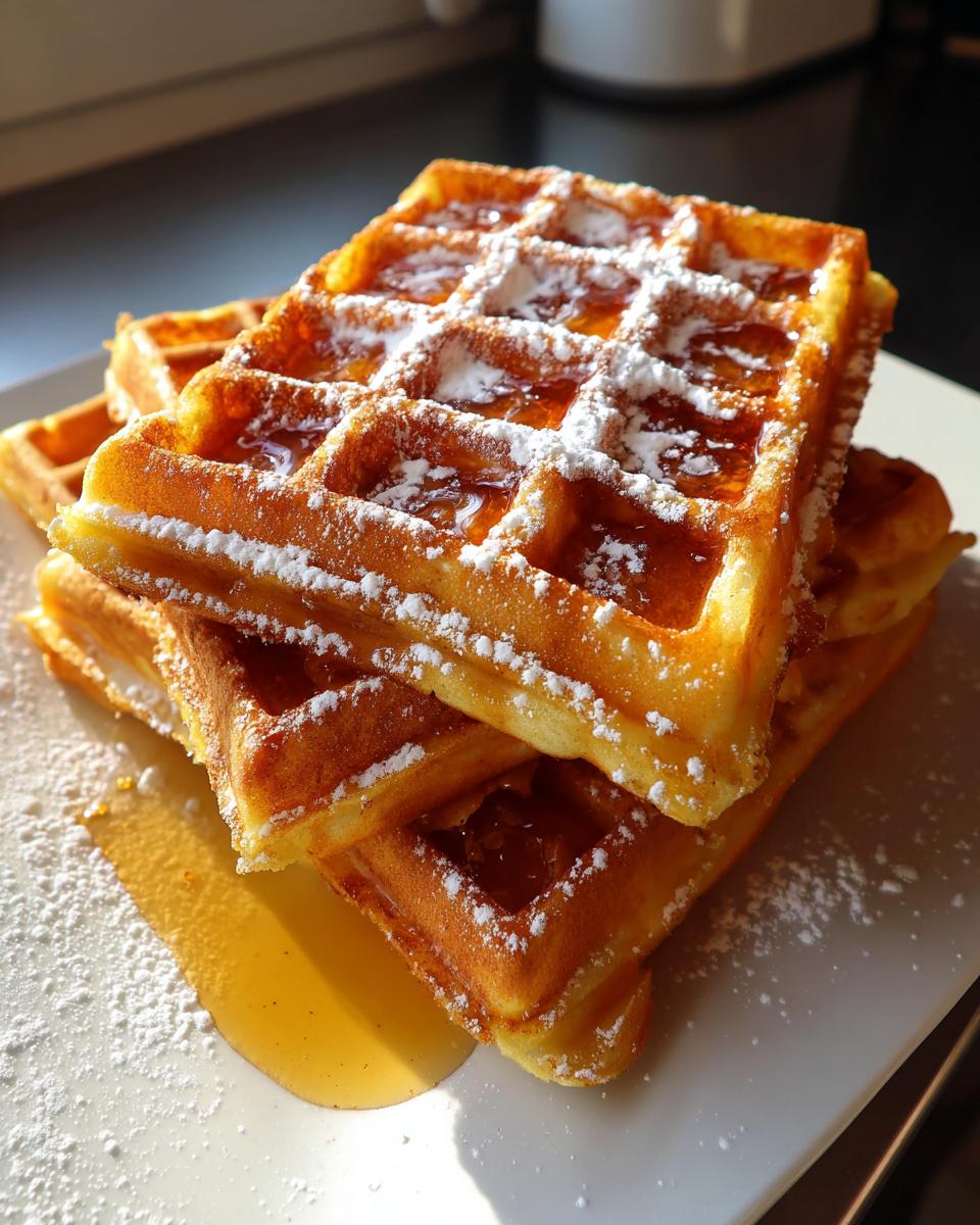 A stack of golden high protein waffles topped with syrup and powdered sugar on a white plate.