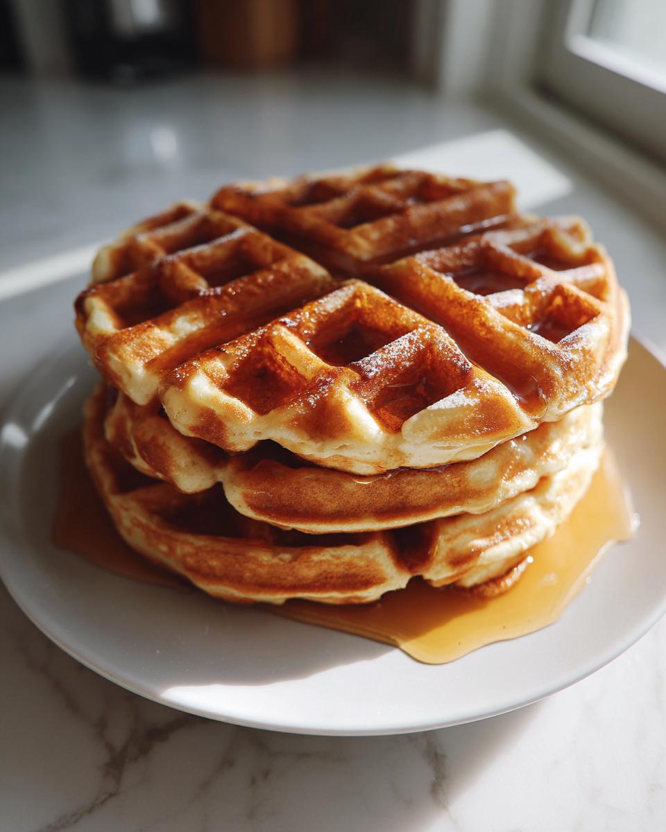 A stack of three golden high protein waffles on a white plate, drizzled with syrup.