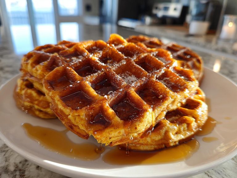 A stack of golden brown high protein waffles drizzled with syrup and a dusting of powdered sugar on a white plate.
