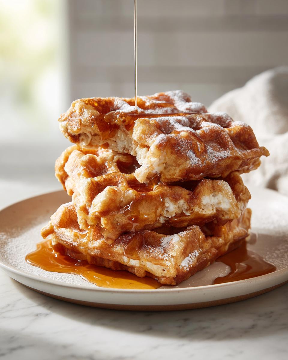 A stack of high protein waffles drizzled with syrup and dusted with powdered sugar on a plate.