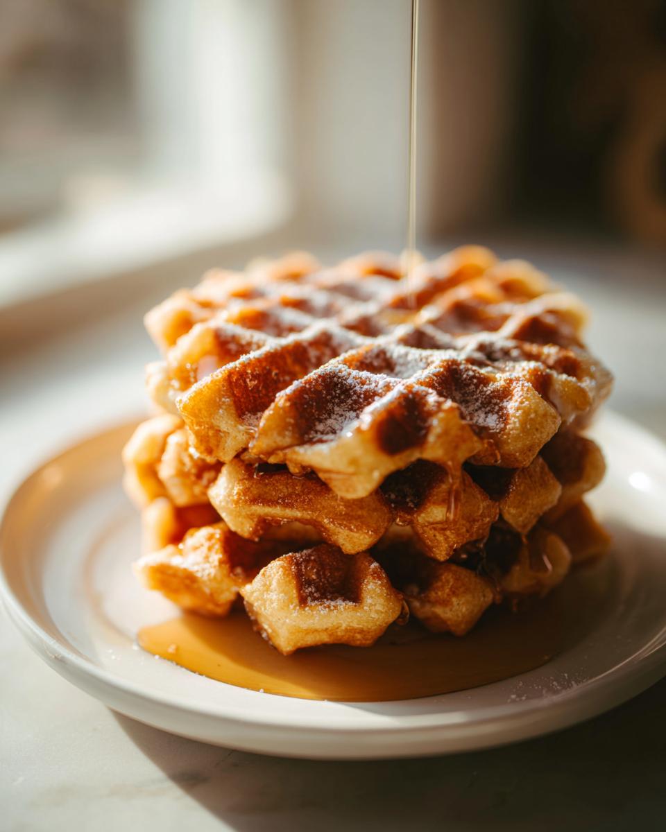 A stack of golden high protein waffles on a plate, drizzled with syrup and dusted with powdered sugar.
