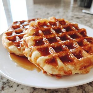 Two golden high protein waffles on a white plate, drizzled with syrup.