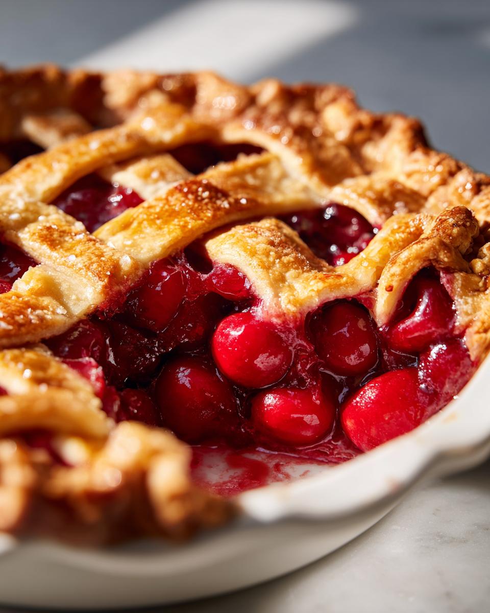 Close-up of a freshly baked cherry pie with a lattice crust, revealing the juicy cherry filling.