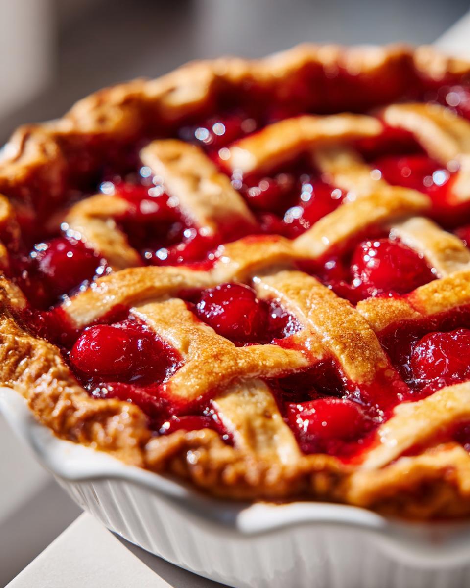 Close-up of a homemade cherry pie with a golden lattice crust, filled with juicy cherries.