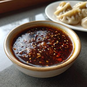 Close-up of a bowl of homemade dumpling sauce with sesame seeds and chili flakes, with dumplings in the background.