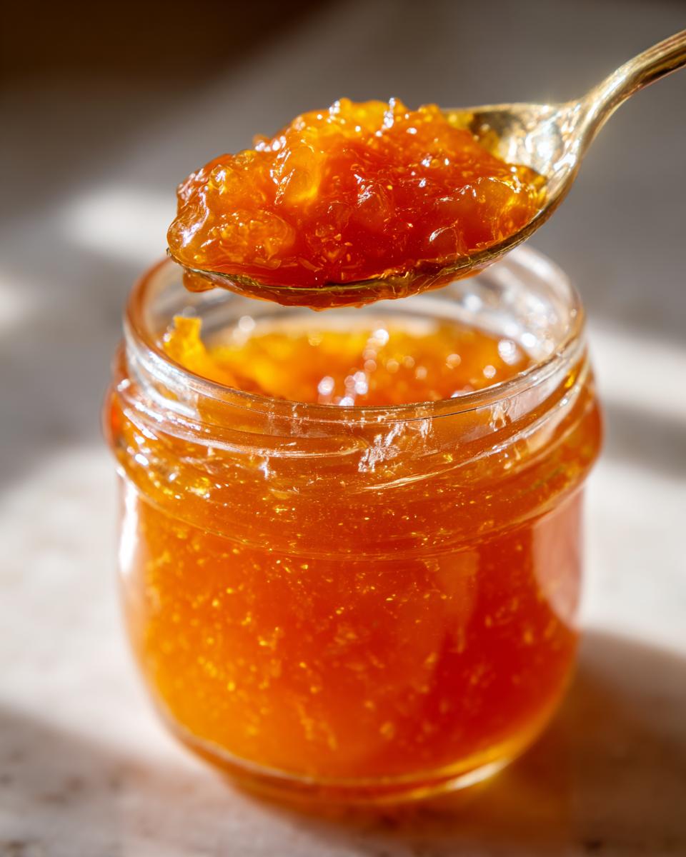 A close-up of a glass jar filled with glistening homemade peach jam, with a spoonful of the jam held above.