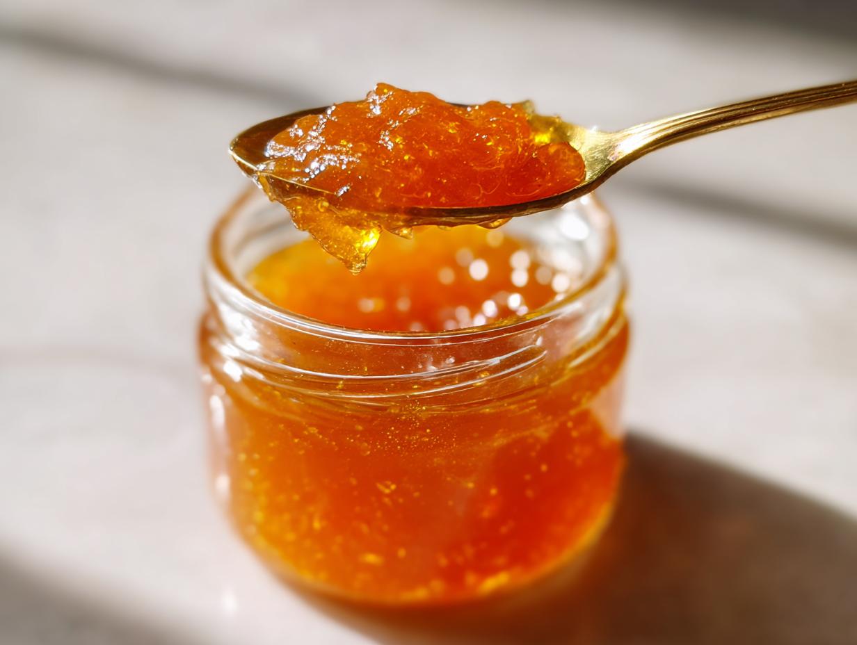A golden spoon lifts a dollop of glistening homemade peach jam from a small glass jar.