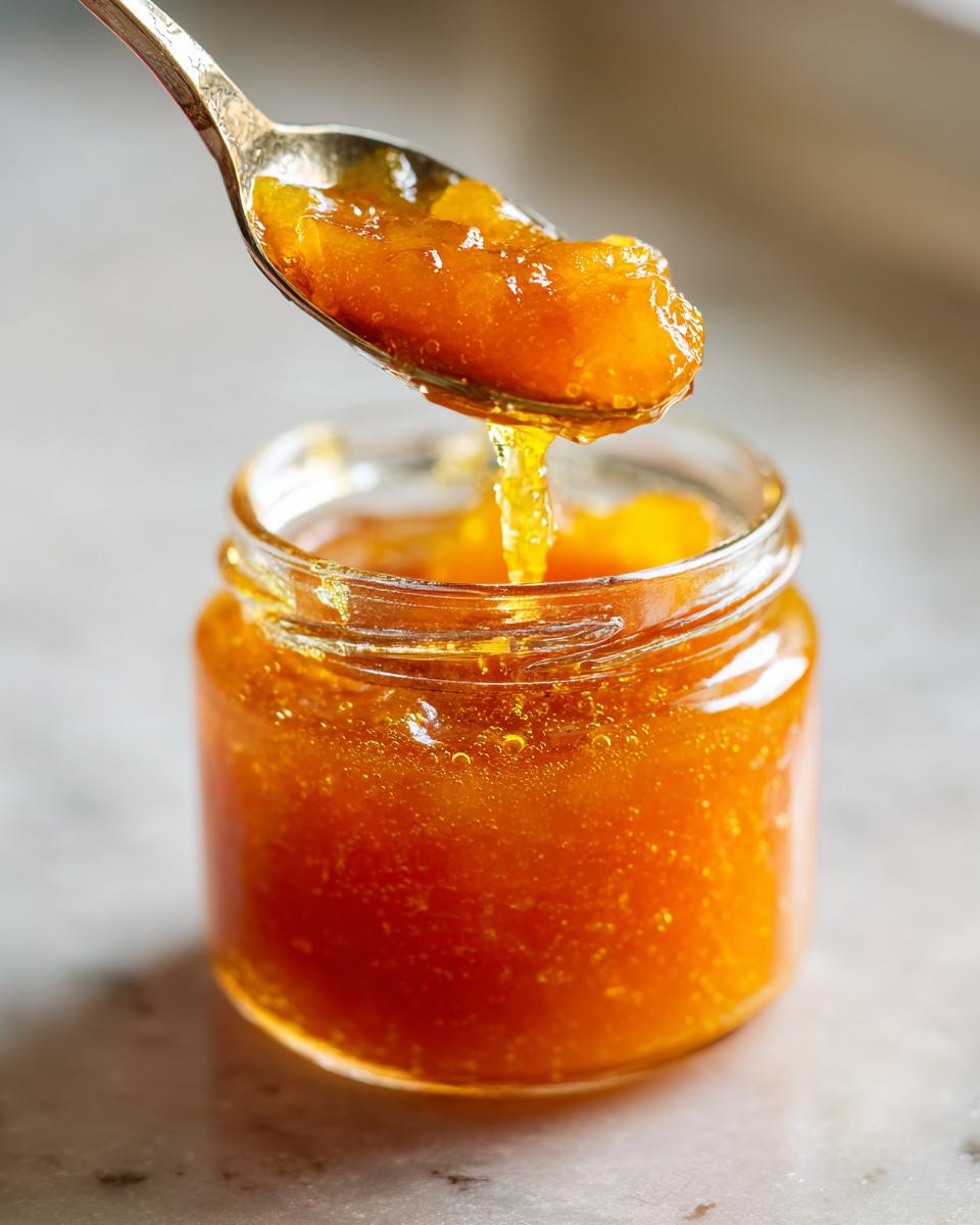 A spoonful of glistening homemade peach jam being lifted from a small glass jar.