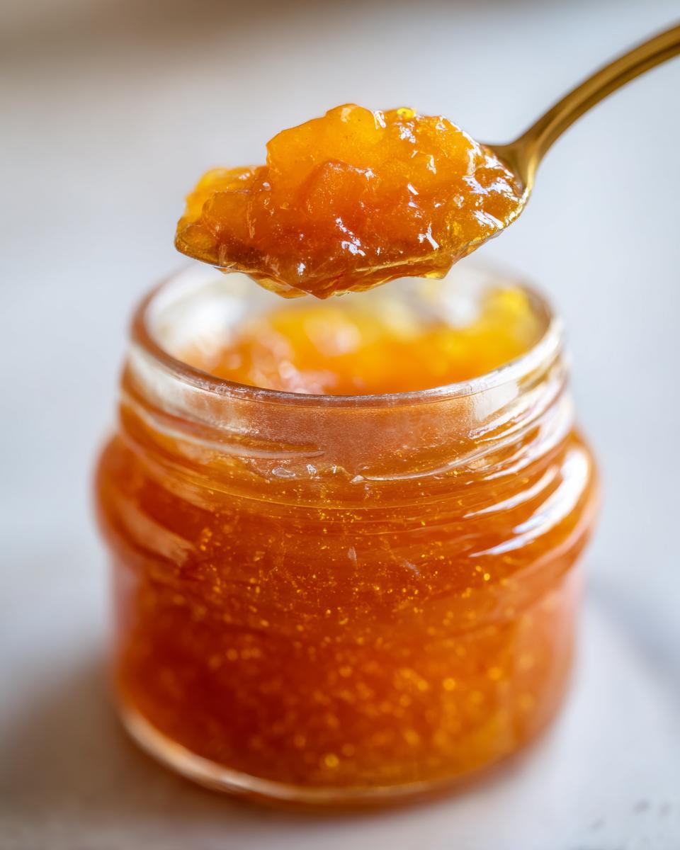 A spoonful of glistening homemade peach jam held above a small glass jar.