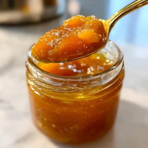 A spoonful of glistening homemade peach jam scooped from a jar, showcasing its vibrant color and texture.