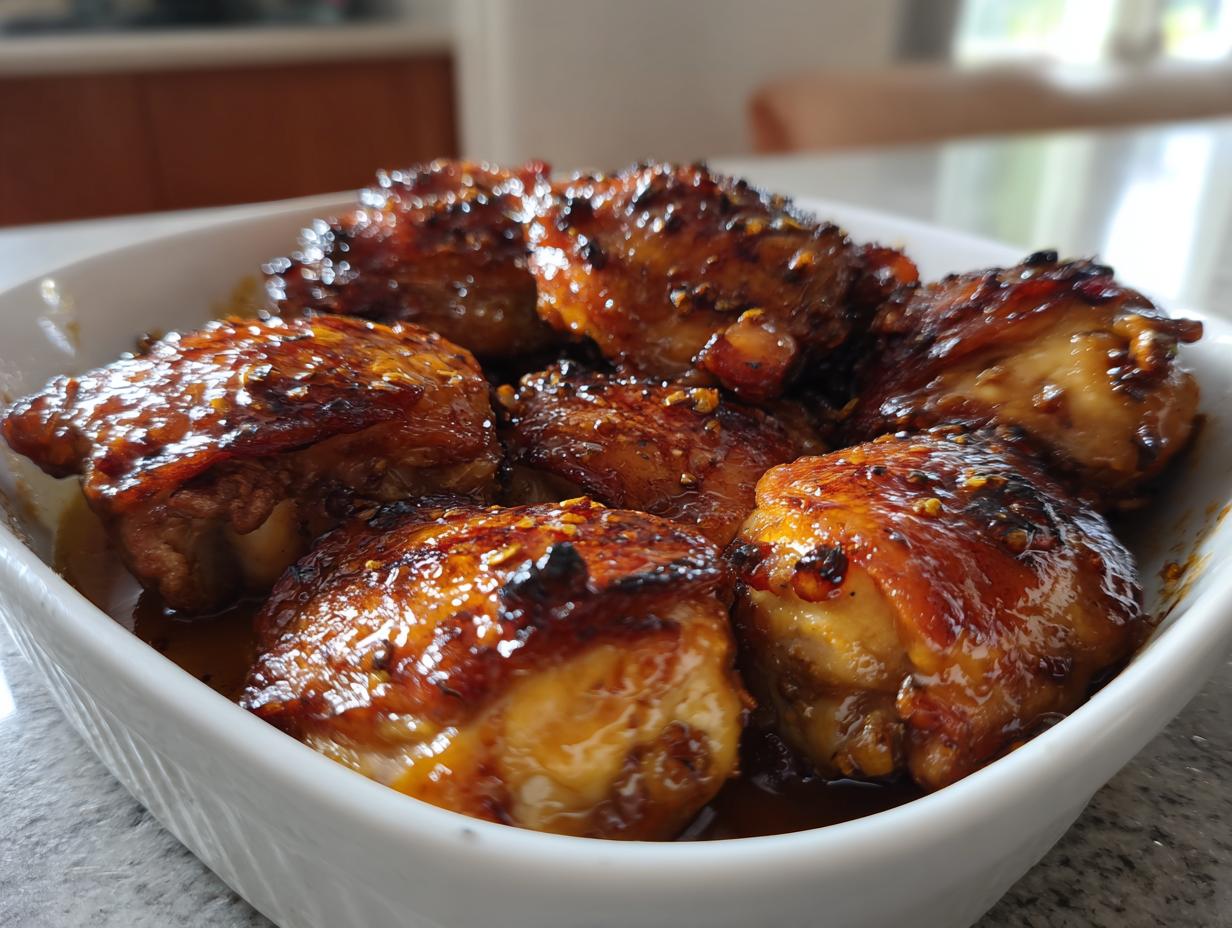 Close-up of juicy honey garlic chicken thighs in a white serving dish.