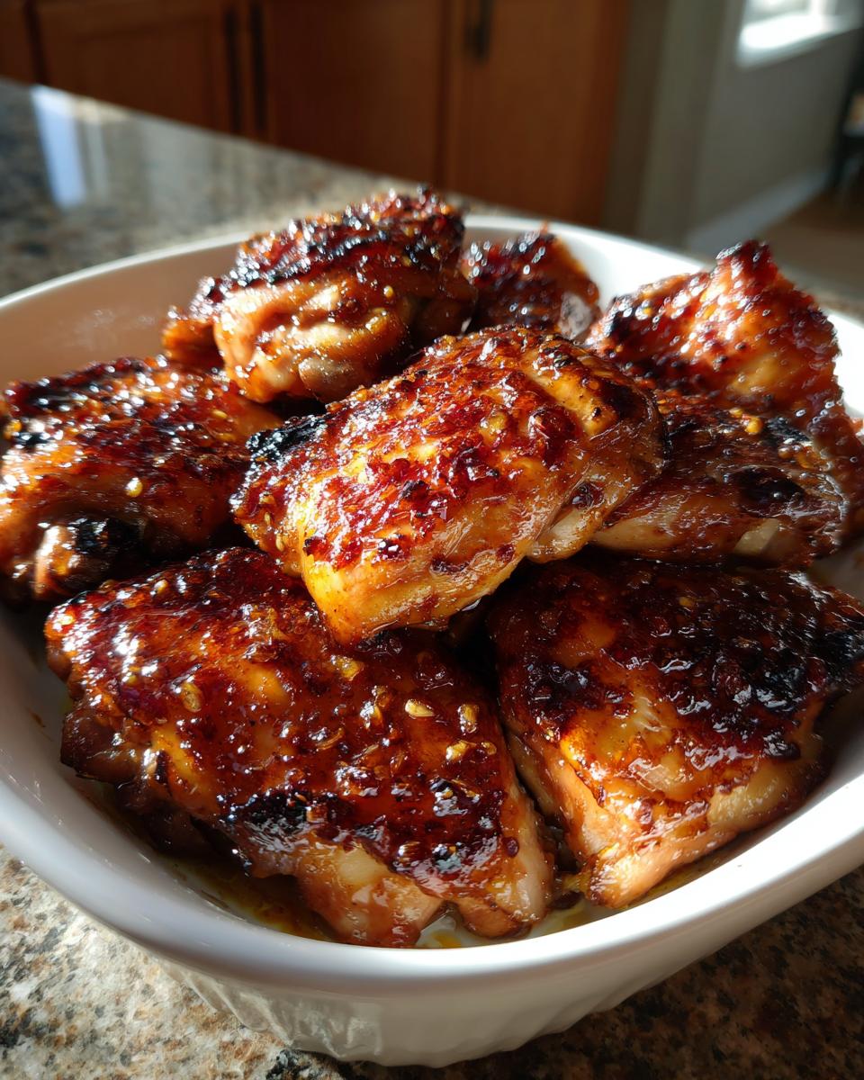 Close-up of glazed Honey garlic chicken thighs in a white bowl, showcasing the sticky, caramelized sauce.