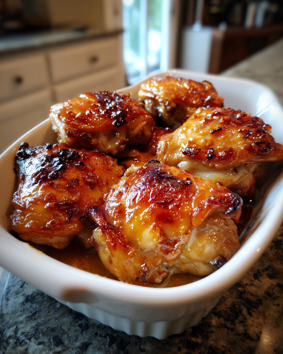 Close-up of glazed honey garlic chicken thighs in a white serving dish.