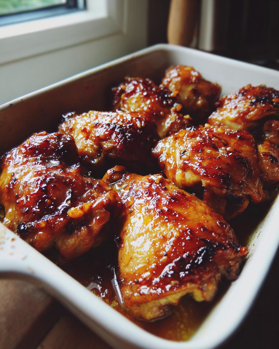 Close up of honey garlic chicken thighs in a white baking dish, glazed and ready to serve.