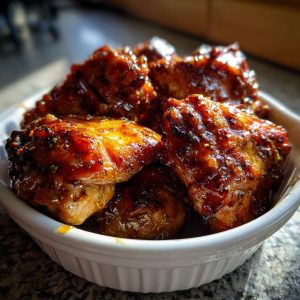 Close-up of glazed honey garlic chicken thighs in a white serving bowl, ready to eat.