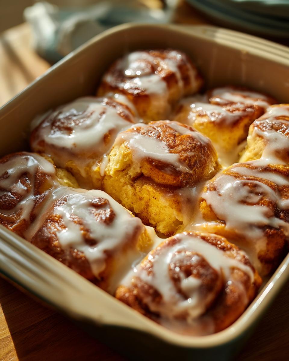 Freshly baked cinnamon rolls with white icing in a baking dish, showcasing a Cinnamon Roll Hack.