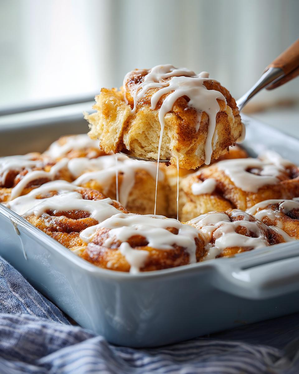 Freshly baked cinnamon rolls with icing, one being lifted with a serving spoon. Cinnamon Roll Hack for quick brunch.