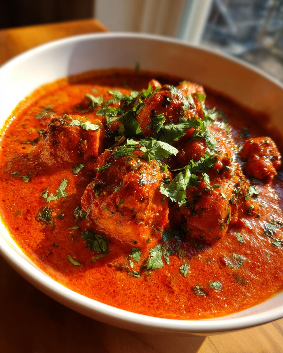 Close-up of Instant Pot Chicken Tikka Masala in a white bowl, garnished with fresh cilantro.