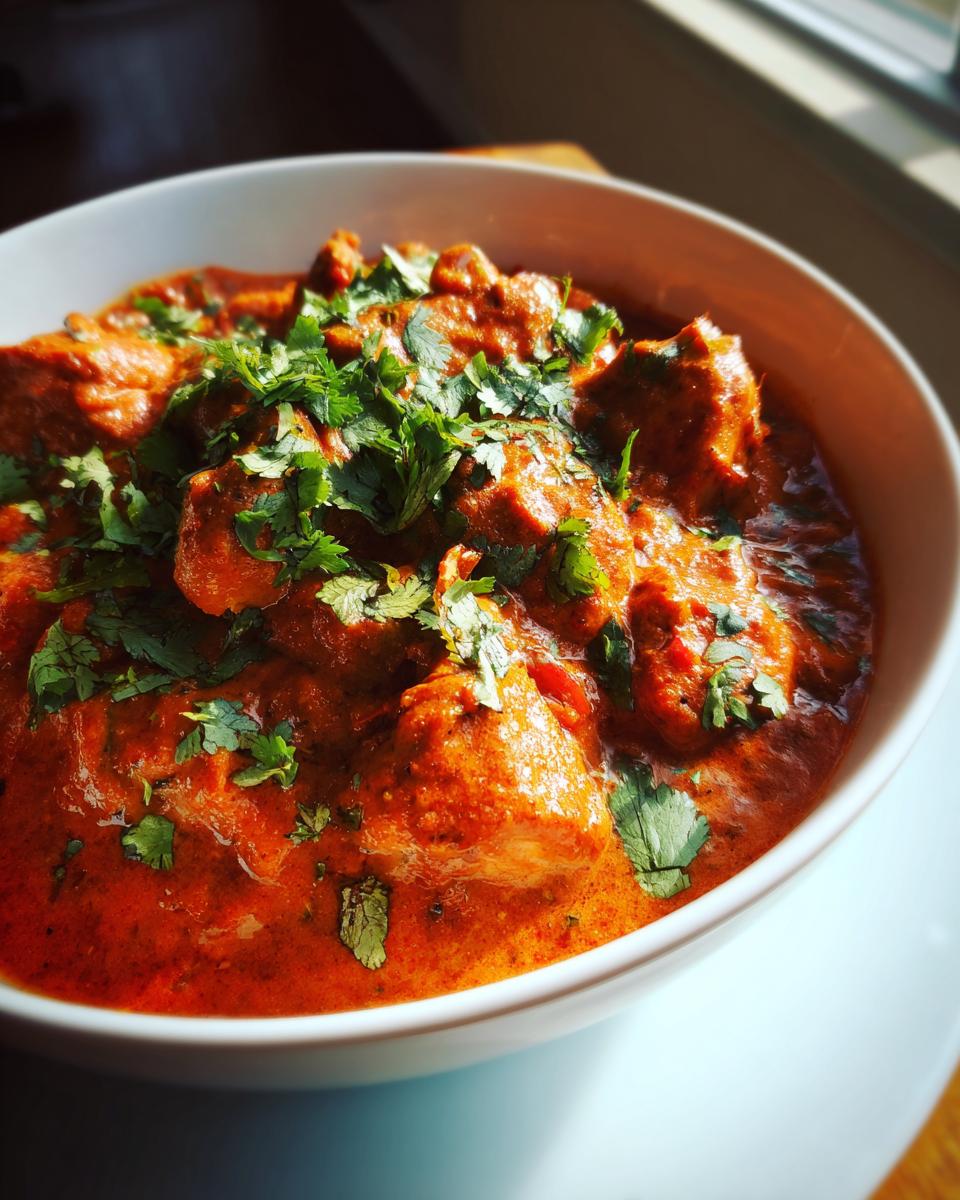 A bowl of creamy Instant Pot Chicken Tikka Masala garnished with fresh cilantro.