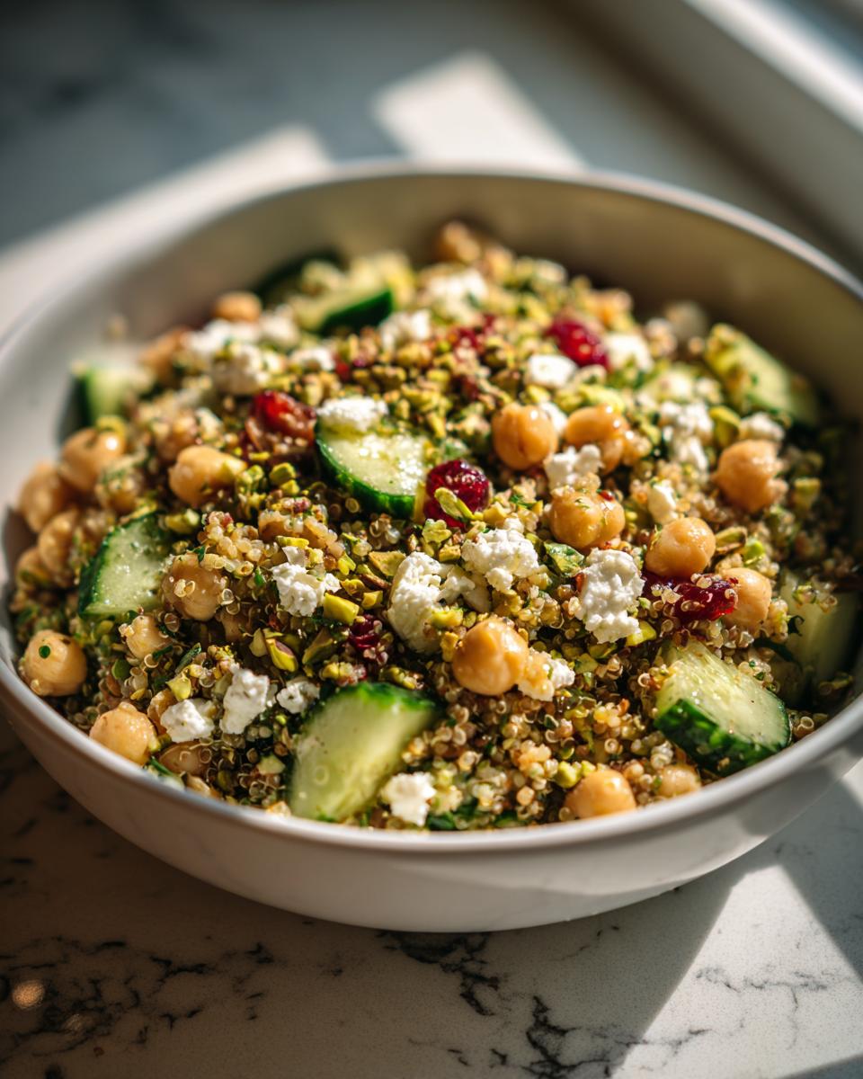 Close-up of Jennifer Aniston salad in a white bowl, featuring quinoa, chickpeas, cucumbers, feta, and pistachios.