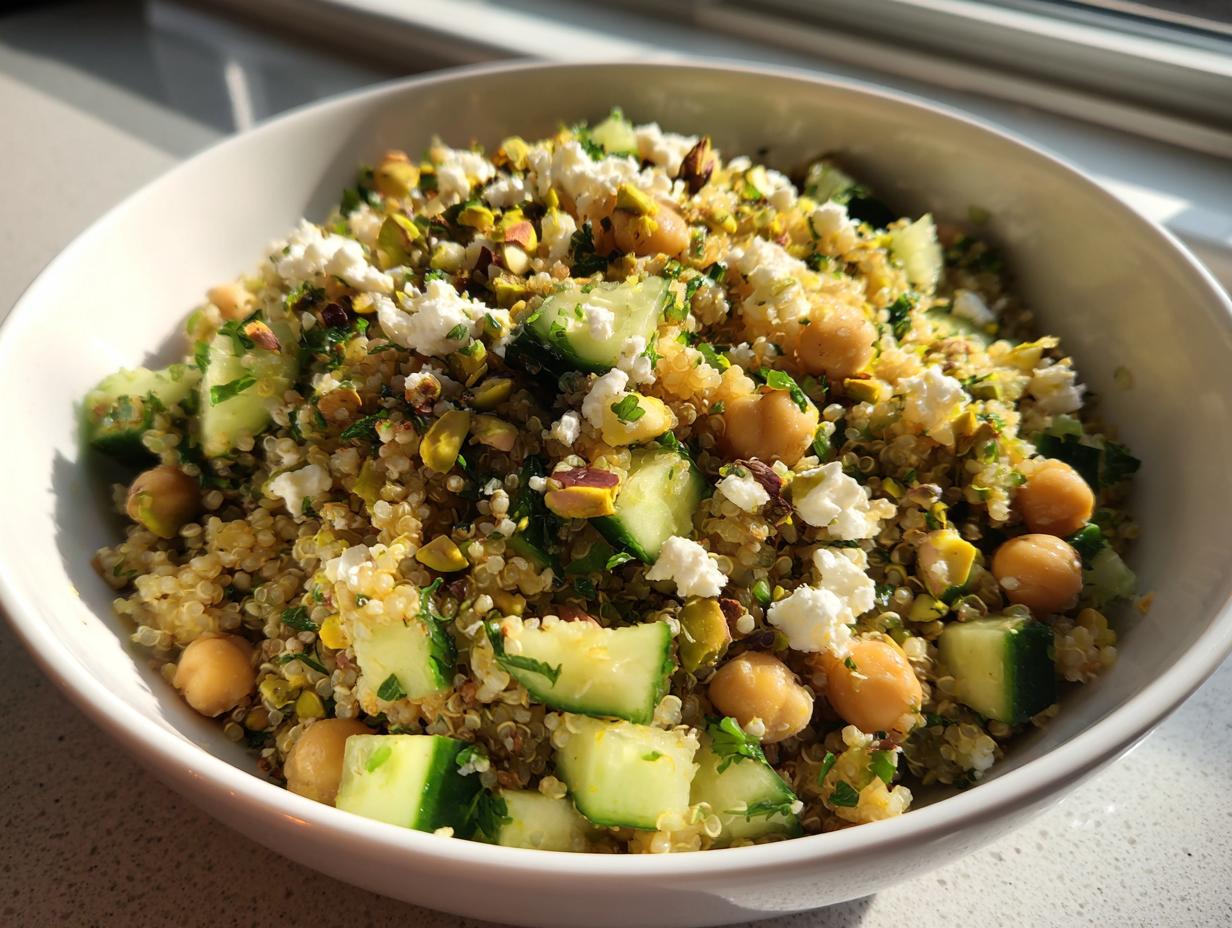 A vibrant bowl of Jennifer Aniston salad, featuring quinoa, cucumbers, chickpeas, feta, and pistachios.