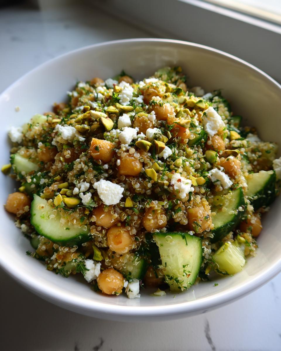 A vibrant bowl of Jennifer Aniston salad featuring quinoa, chickpeas, cucumber, feta, and pistachios.