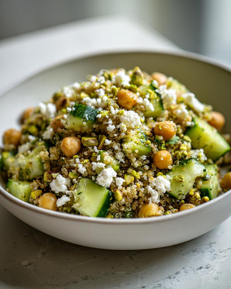 A bowl of Jennifer Aniston salad featuring quinoa, chickpeas, cucumber, pistachios, and feta cheese.