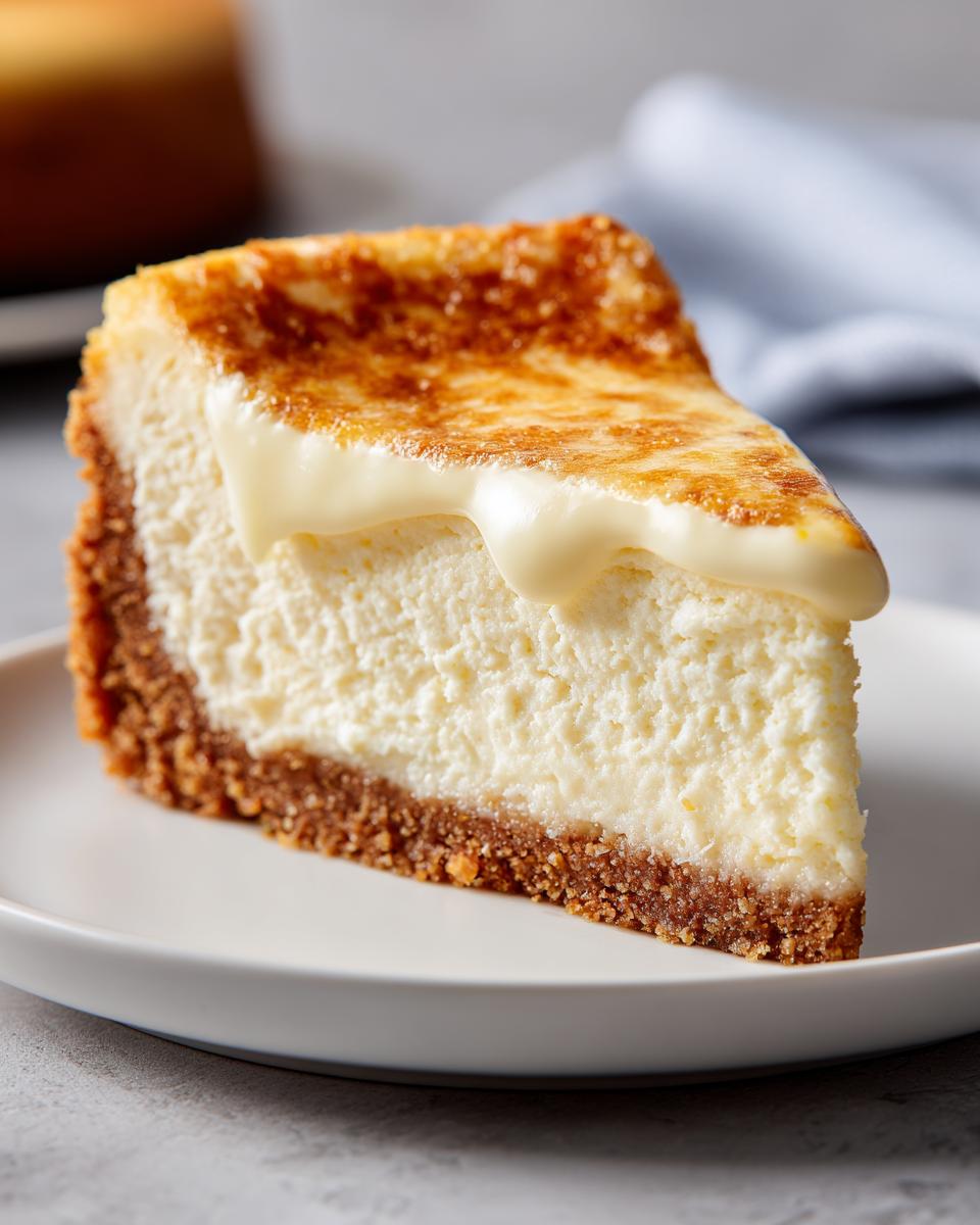 A delicious slice of Keto Cheesecake with a golden crust and creamy topping on a white plate.