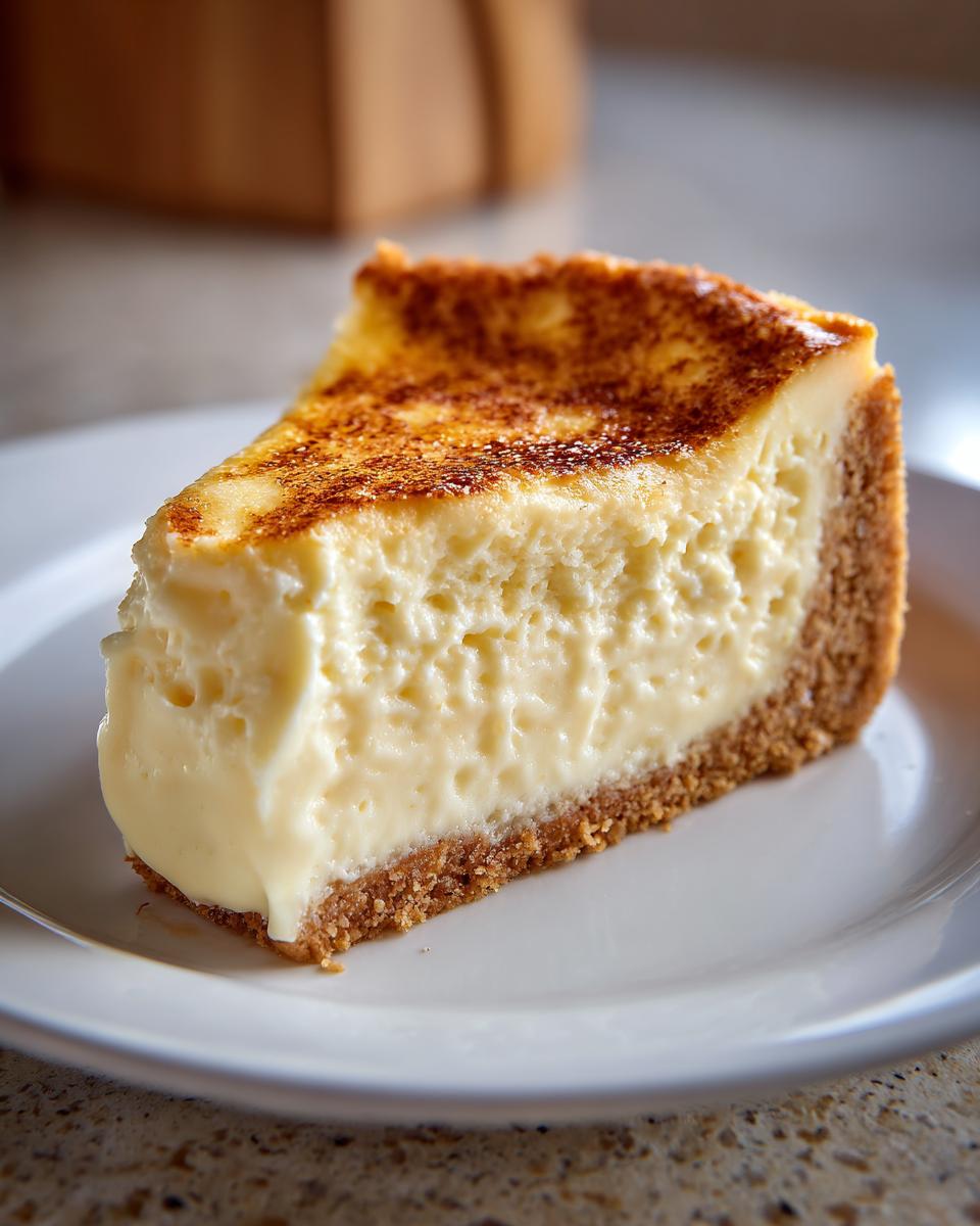 A delicious slice of Keto Cheesecake with a golden-brown crust on a white plate.