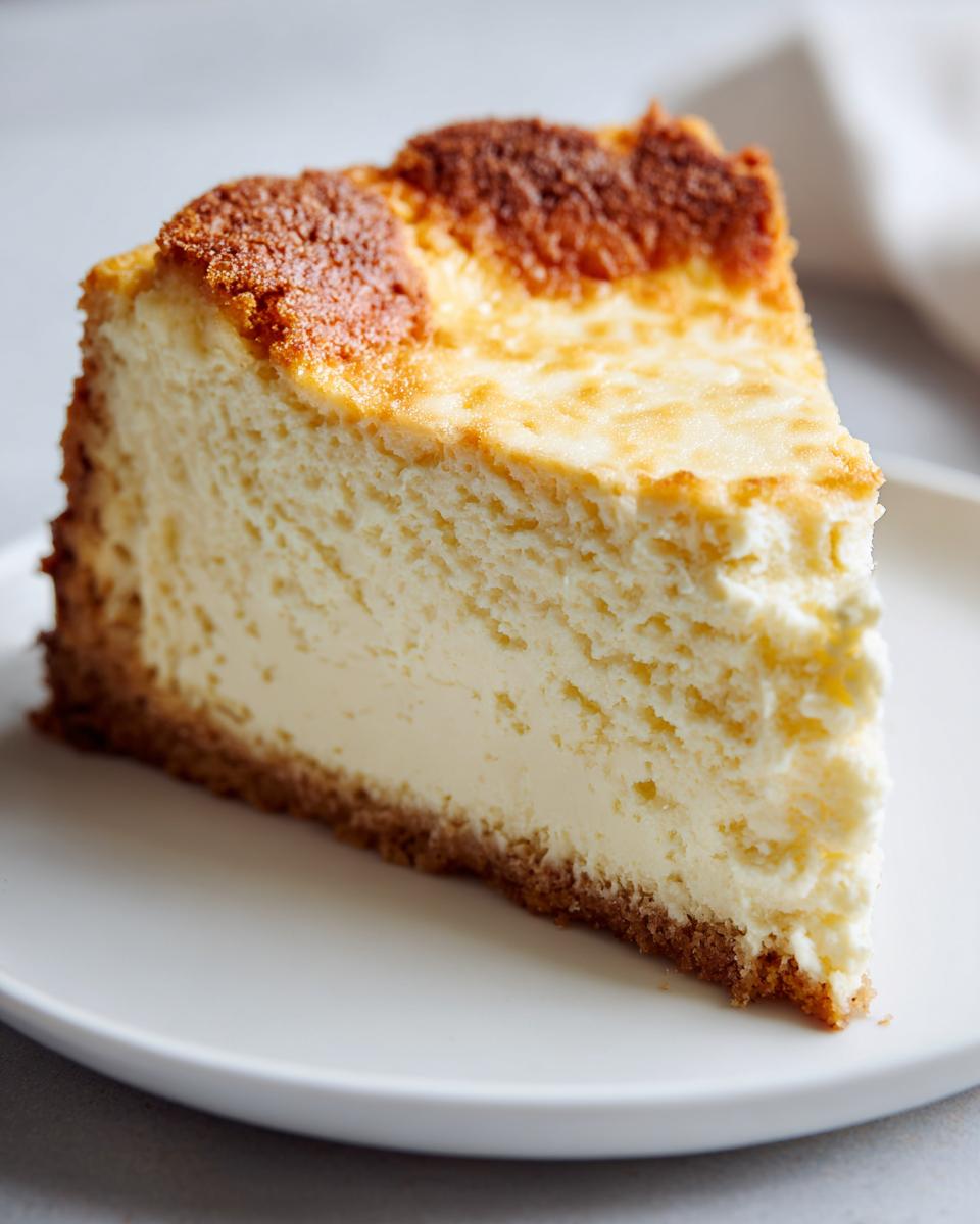 A delicious slice of Keto Cheesecake with a golden crust, served on a white plate.