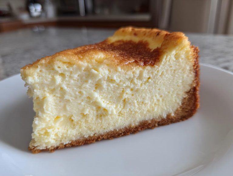 A delicious slice of Keto Cheesecake with a golden crust, served on a white plate.