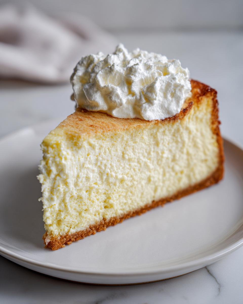 A delicious slice of Keto Cheesecake topped with whipped cream on a white plate.