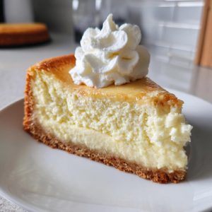 A delicious slice of Keto Cheesecake topped with whipped cream on a white plate.