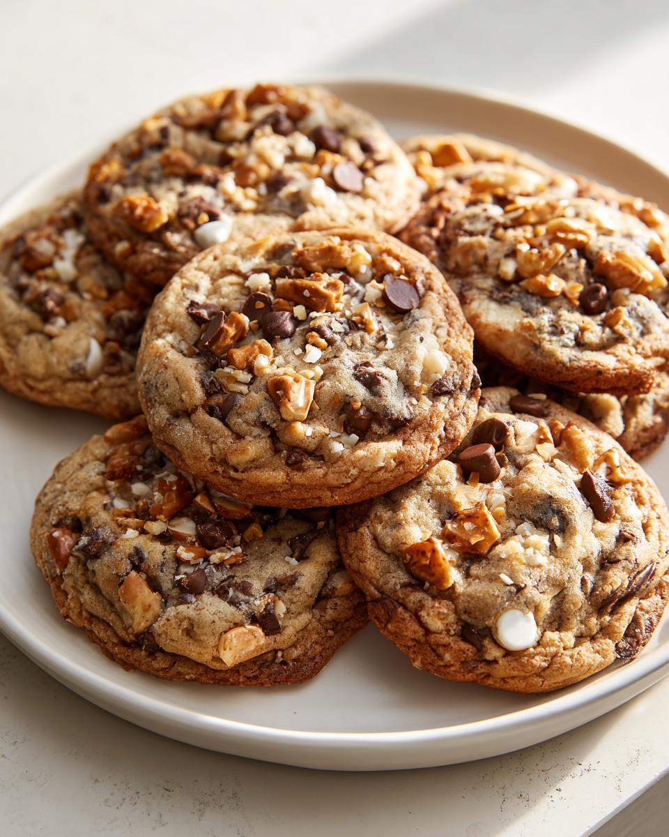 A pile of freshly baked kitchen sink cookies loaded with chocolate chips, nuts, and other crunchy mix-ins.
