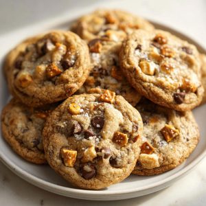 A close-up of several delicious kitchen sink cookies piled on a plate, featuring chocolate chips and pretzel pieces.