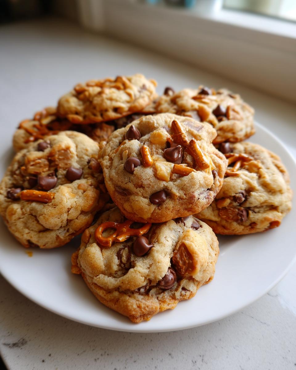 A pile of freshly baked kitchen sink cookies loaded with chocolate chips and pieces of pretzels.