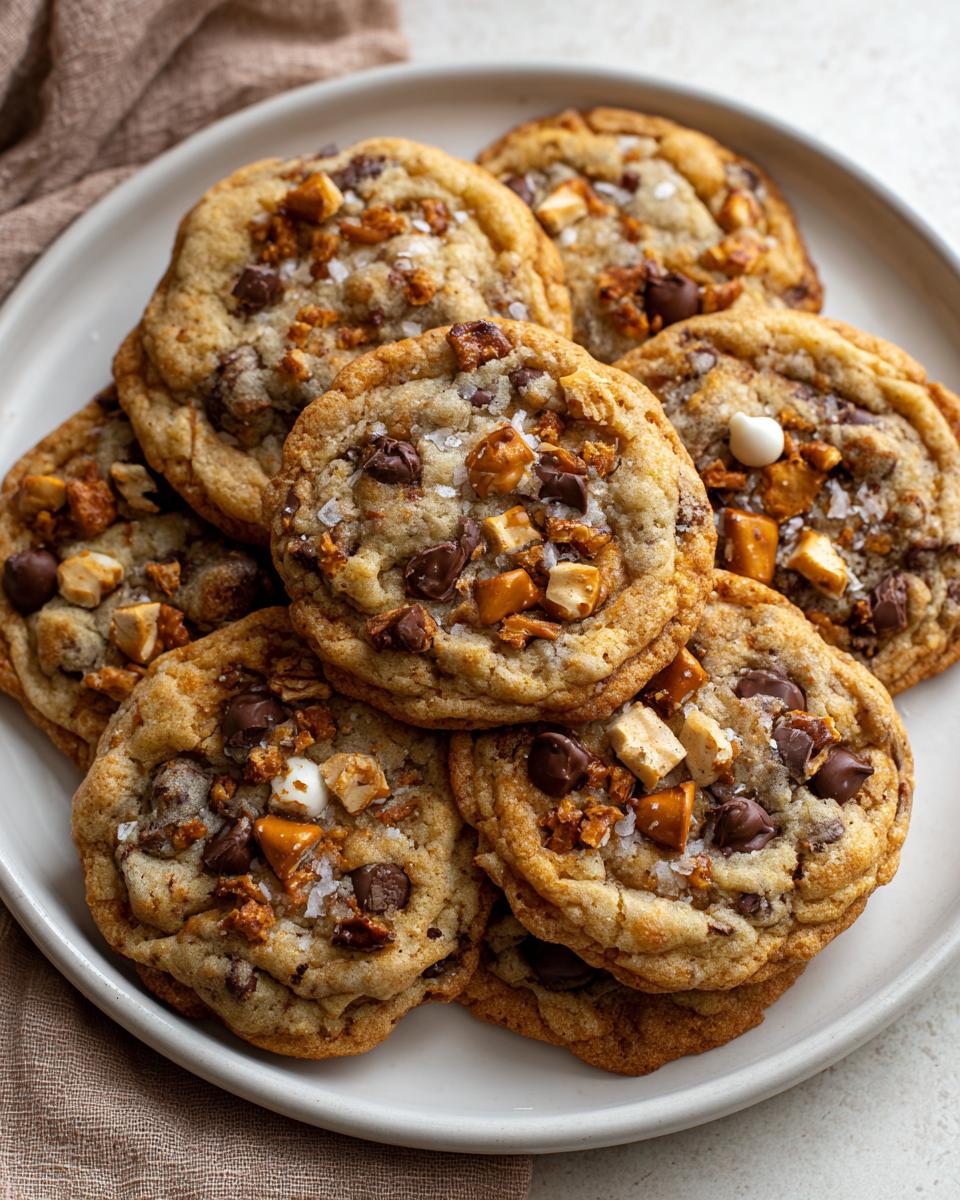 A close-up view of several homemade Kitchen Sink Cookies piled on a white plate, featuring chocolate chips, pretzels, and sea salt.
