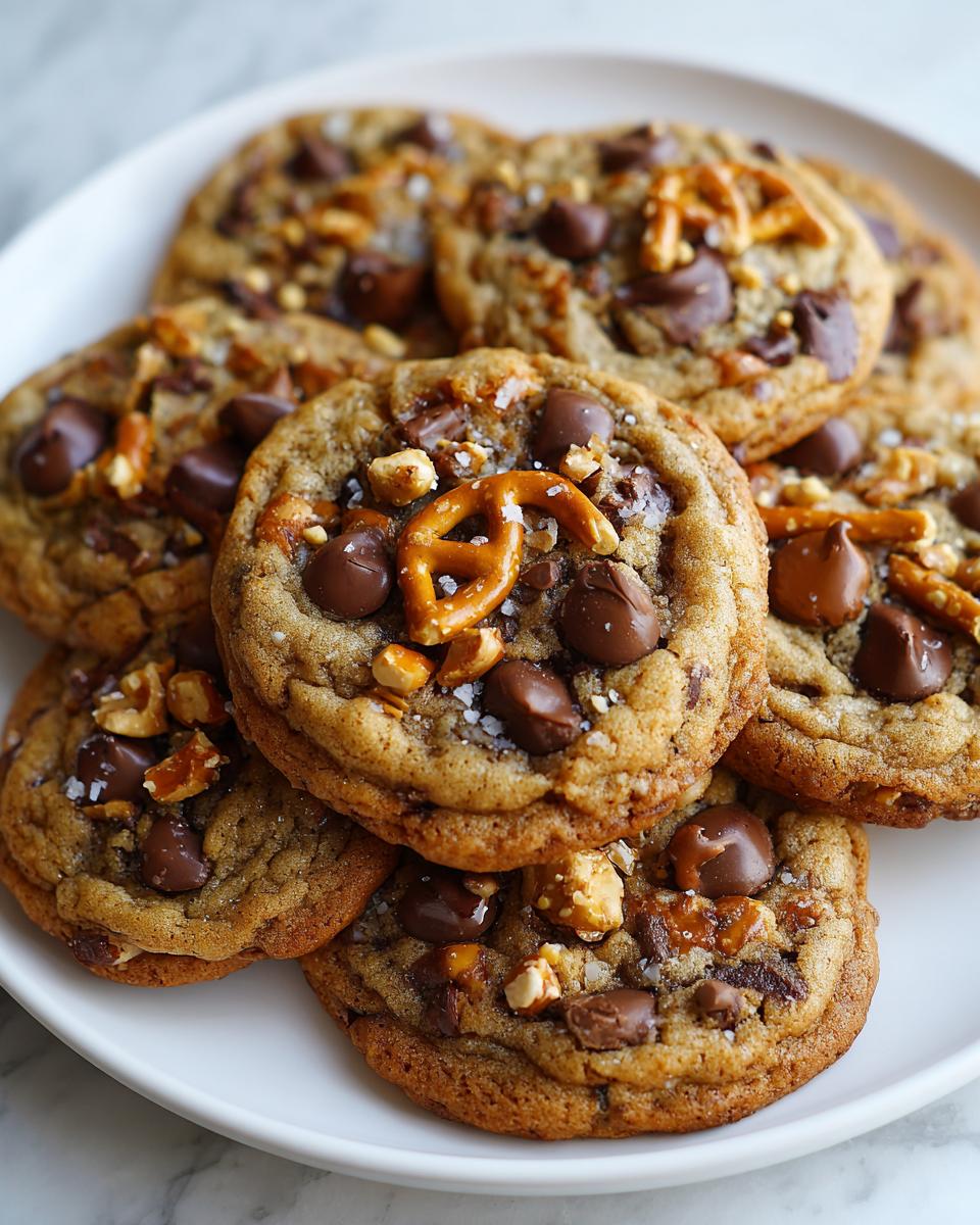 A close-up of several delicious Kitchen Sink Cookies piled on a white plate, featuring chocolate chips, pretzels, and sea salt.