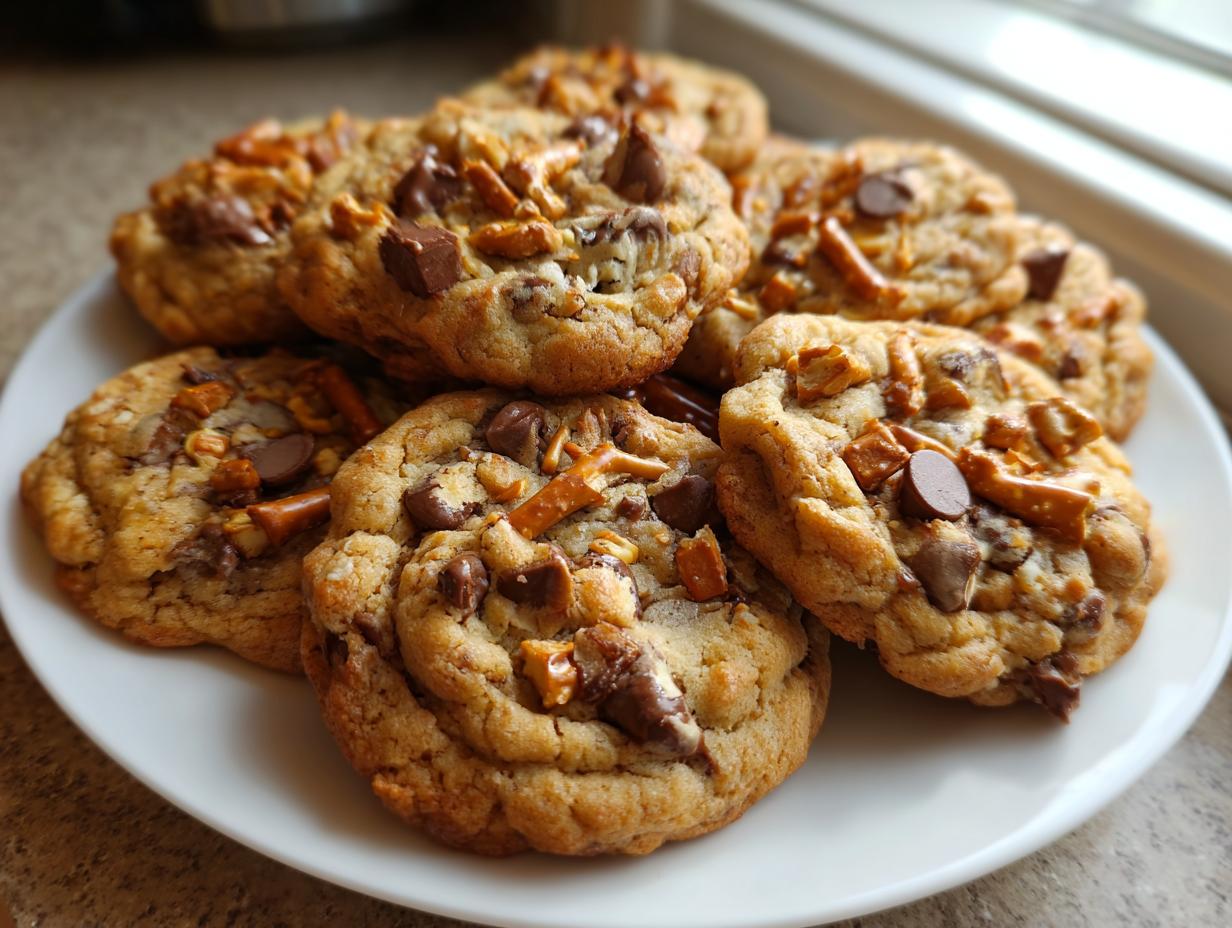 A pile of freshly baked Kitchen Sink Cookies loaded with chocolate chips and pretzel pieces on a white plate.