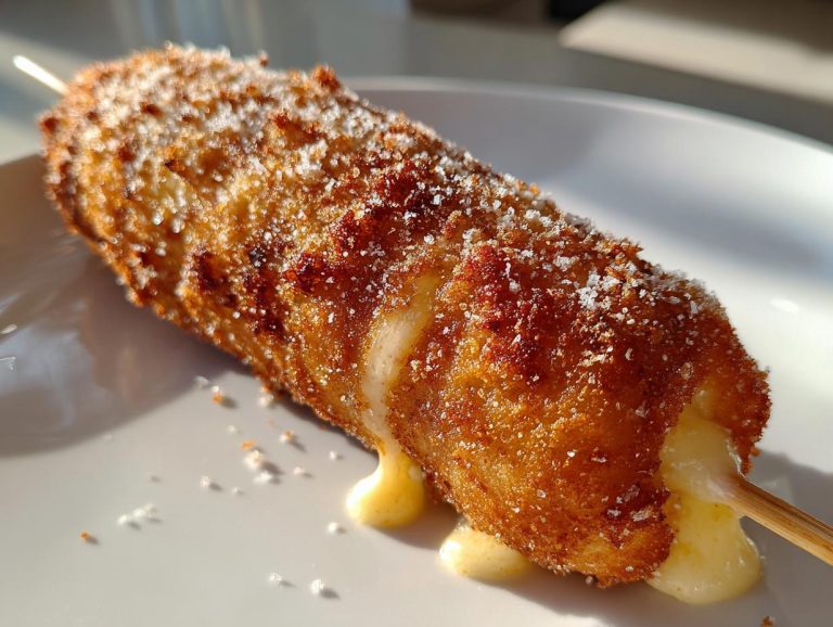 Close-up of a Korean corn dog with a crispy exterior and melted cheese oozing out.