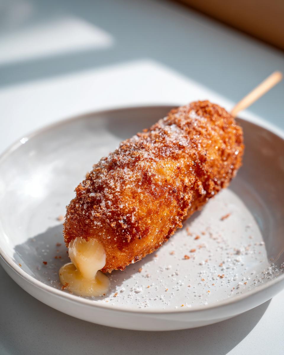 Close-up of a Korean corn dog on a plate, showing melted cheese and sugar coating.