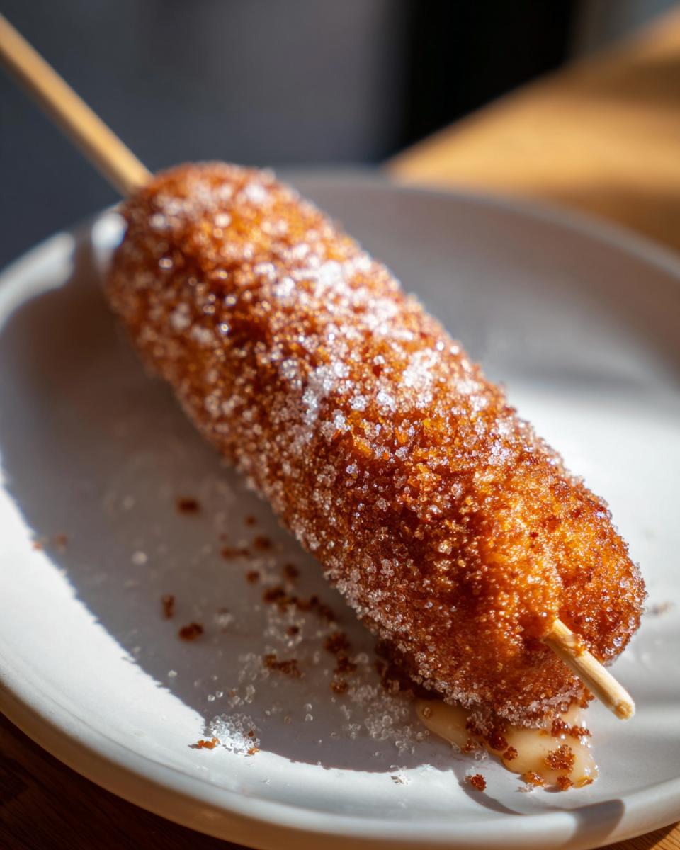 A sugar-coated Korean corn dog on a stick, resting on a white plate with cheese oozing out.