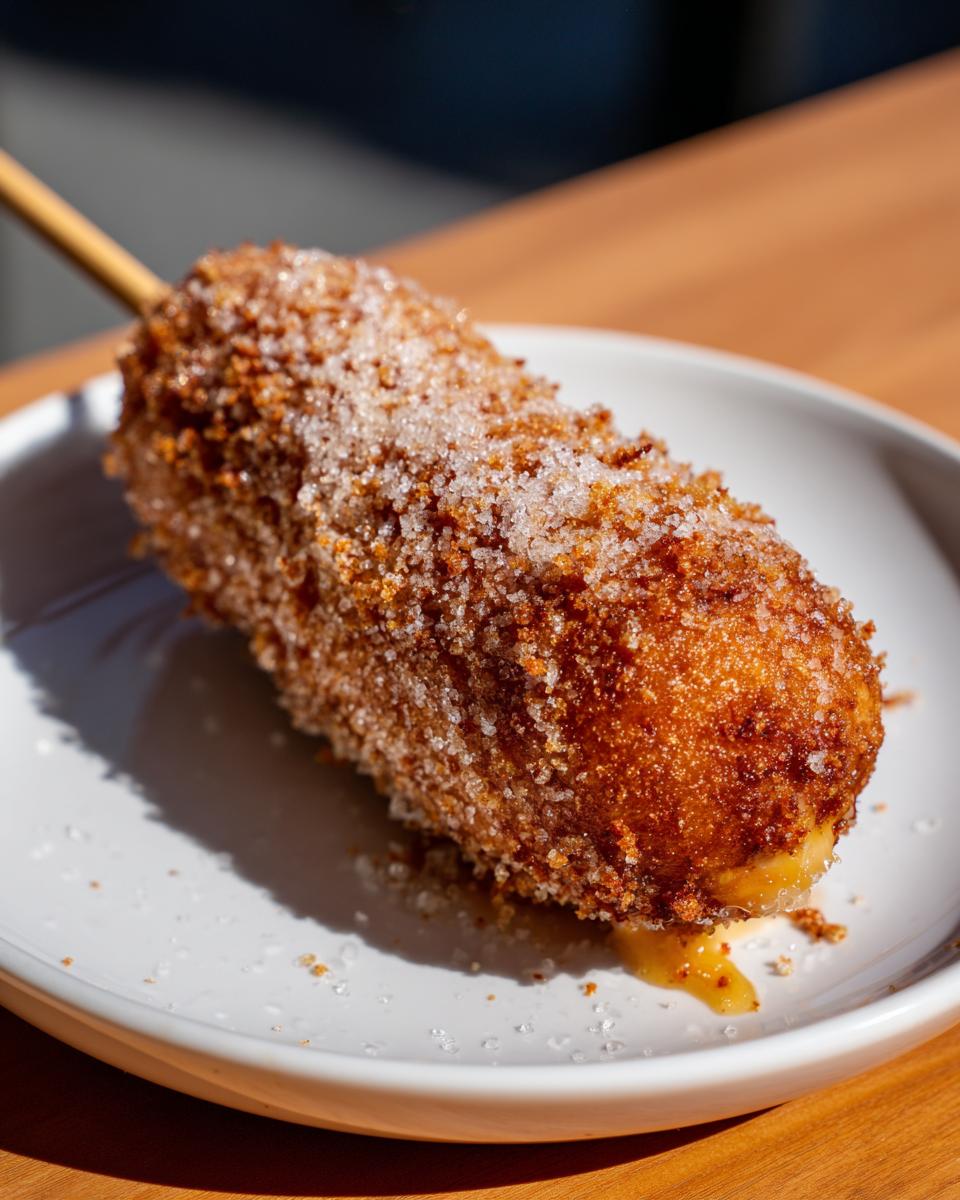 A delicious Korean corn dog on a stick, coated in crispy batter and sprinkled with sugar.