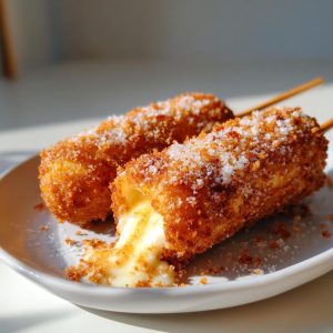 Two Korean corn dogs on a white plate, one with cheese pull. Crispy, sugary coating.
