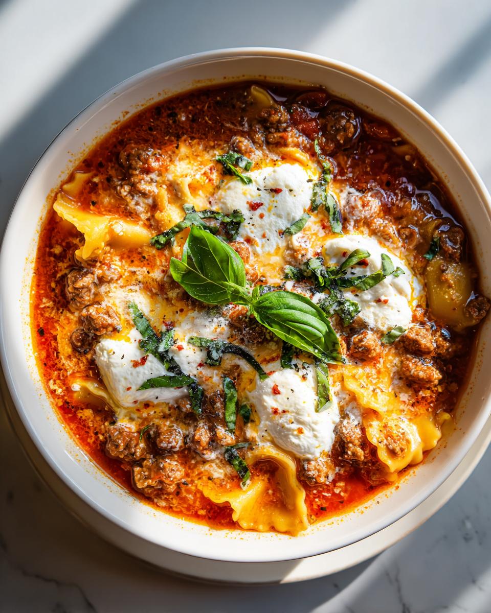 A close-up overhead view of a comforting bowl of Lasagna Soup, topped with dollops of ricotta, fresh basil, and red pepper flakes.