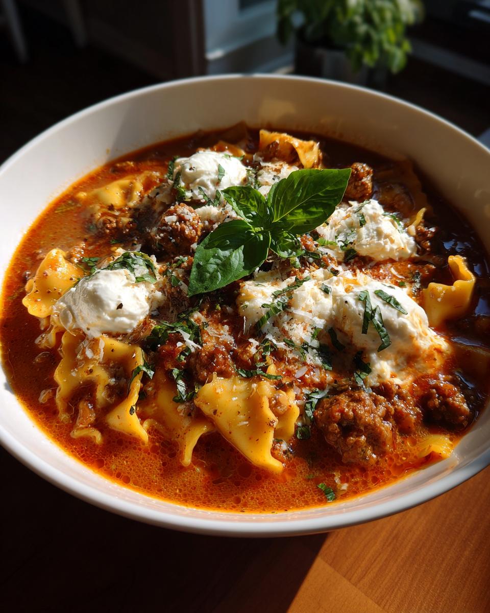 A close-up of a bowl of Lasagna Soup, featuring rich tomato broth, pasta, seasoned meat, dollops of ricotta cheese, and fresh basil.