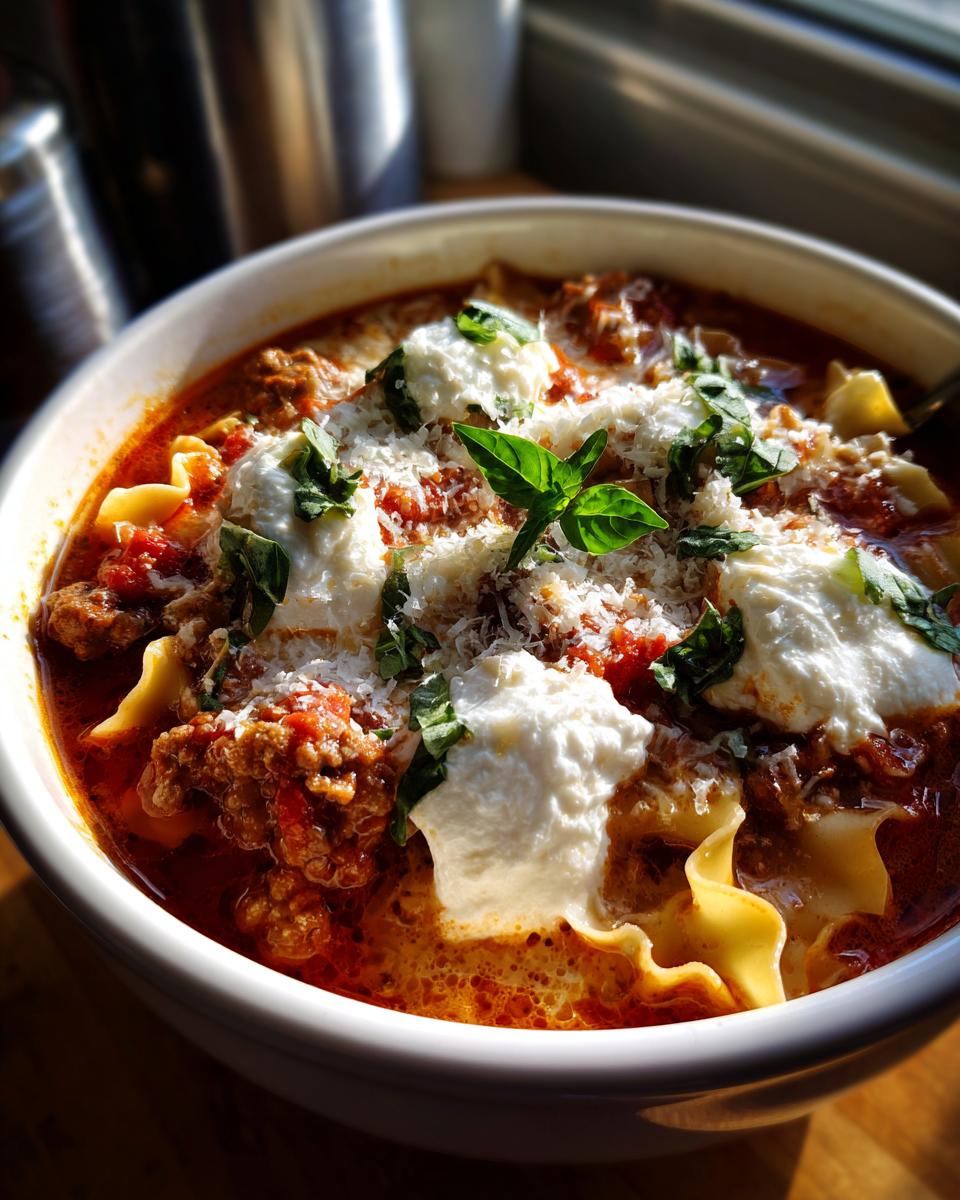 A close-up of a white bowl filled with steaming Lasagna Soup, topped with dollops of ricotta cheese, shredded parmesan, and fresh basil.