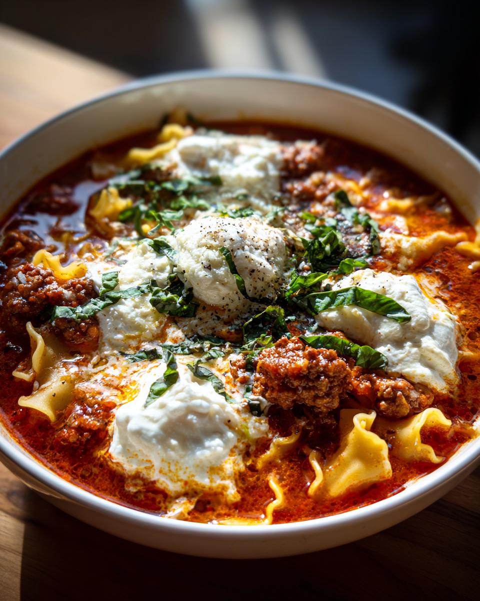 A close-up of a bowl of Lasagna Soup, featuring broken lasagna noodles, rich tomato broth, seasoned ground meat, dollops of ricotta cheese, and fresh basil.