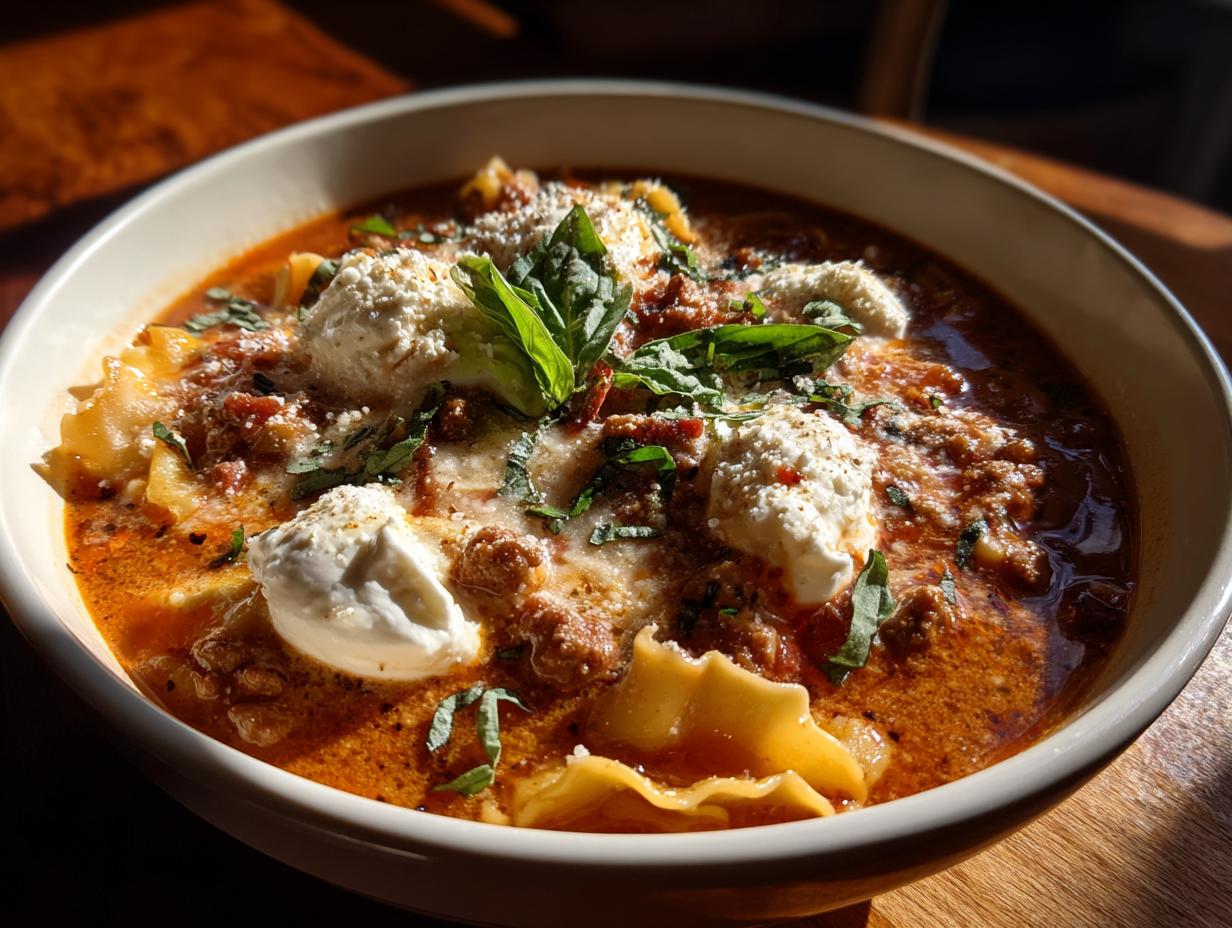 A close-up of a bowl of delicious Lasagna Soup, topped with dollops of ricotta cheese and fresh basil.