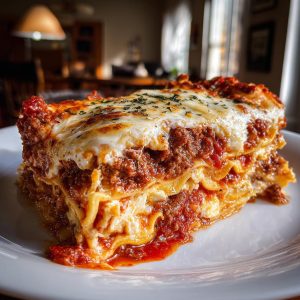 A delicious slice of lasagna with cottage cheese, meat sauce, and melted cheese on a white plate.